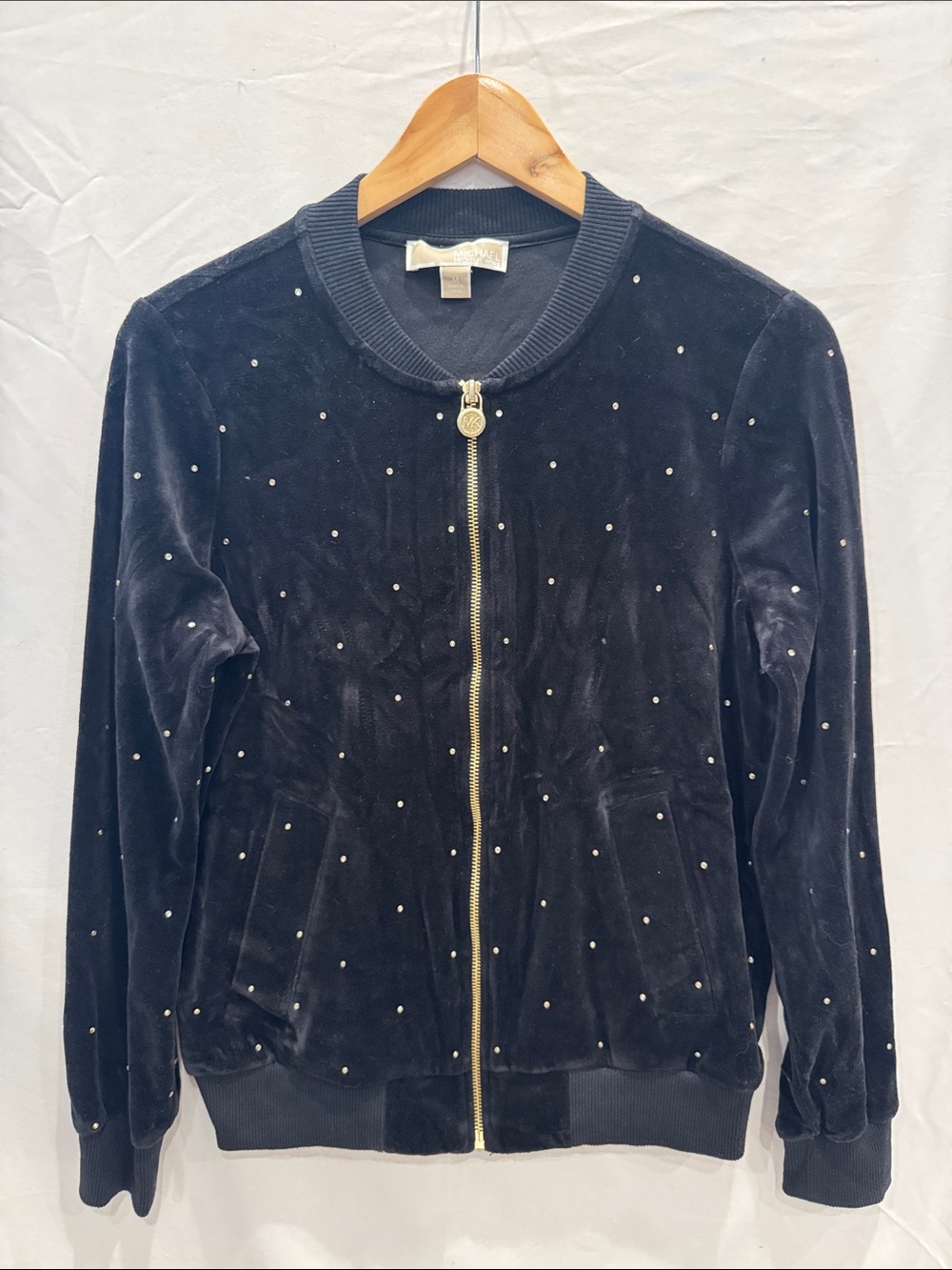 Michael Kors Black Terrycloth Cotton Zip-Up Jacket with Gold Rhinestones M Y2K